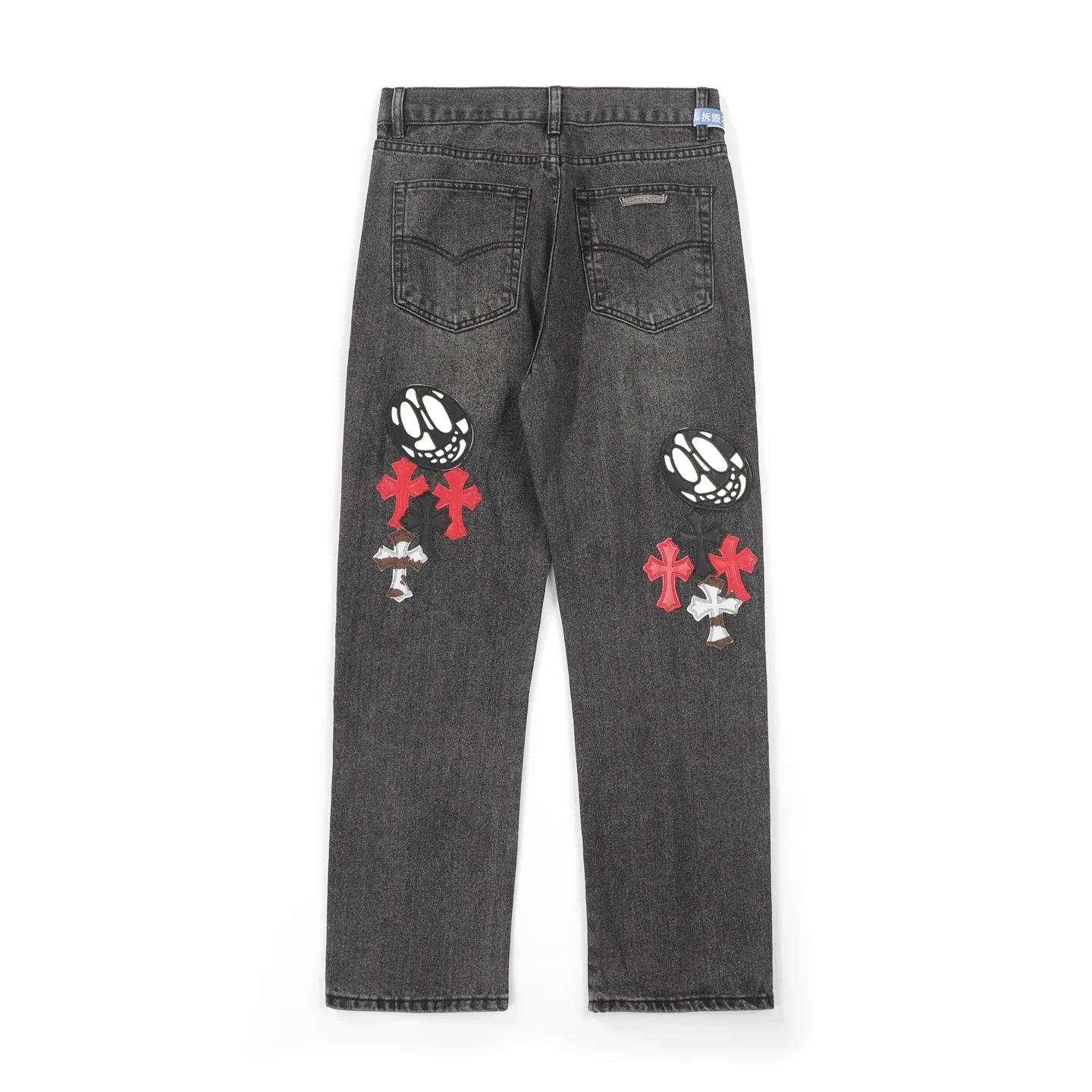 P300 Chrome Hearts CH Chrome Hearts three-color patchwork leather grimace element rapper Nomi's same style cross jeans, truly restores the ultimate vintage texture (no original standard flat version) Italian special cowhide print and then cut, custom-made sheepskin three-layer thick line leather, the whole body is spliced in heavy water washing process, craftsmen hand-splash ink, you can see the details, three-dimensional cutting version, loose and comfortable, not picky about the figure, tall and slim, factory Seiko, original factory quality control, same style for men and women Can be matched with couples. Versatile recommendation. Must-have jeans for all seasons. Color: black Size: S-XL (28-36)